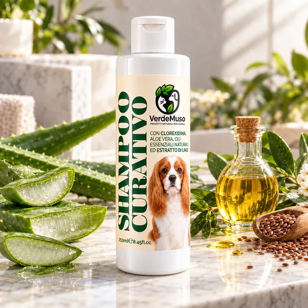 Shampoo VerdeMuso 250 ml tra foglie di aloe vera, olio e semi di lino su un piano in marmo